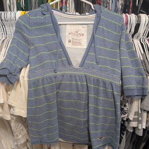 Hollister Blue and Lime Striped V-Neck Top